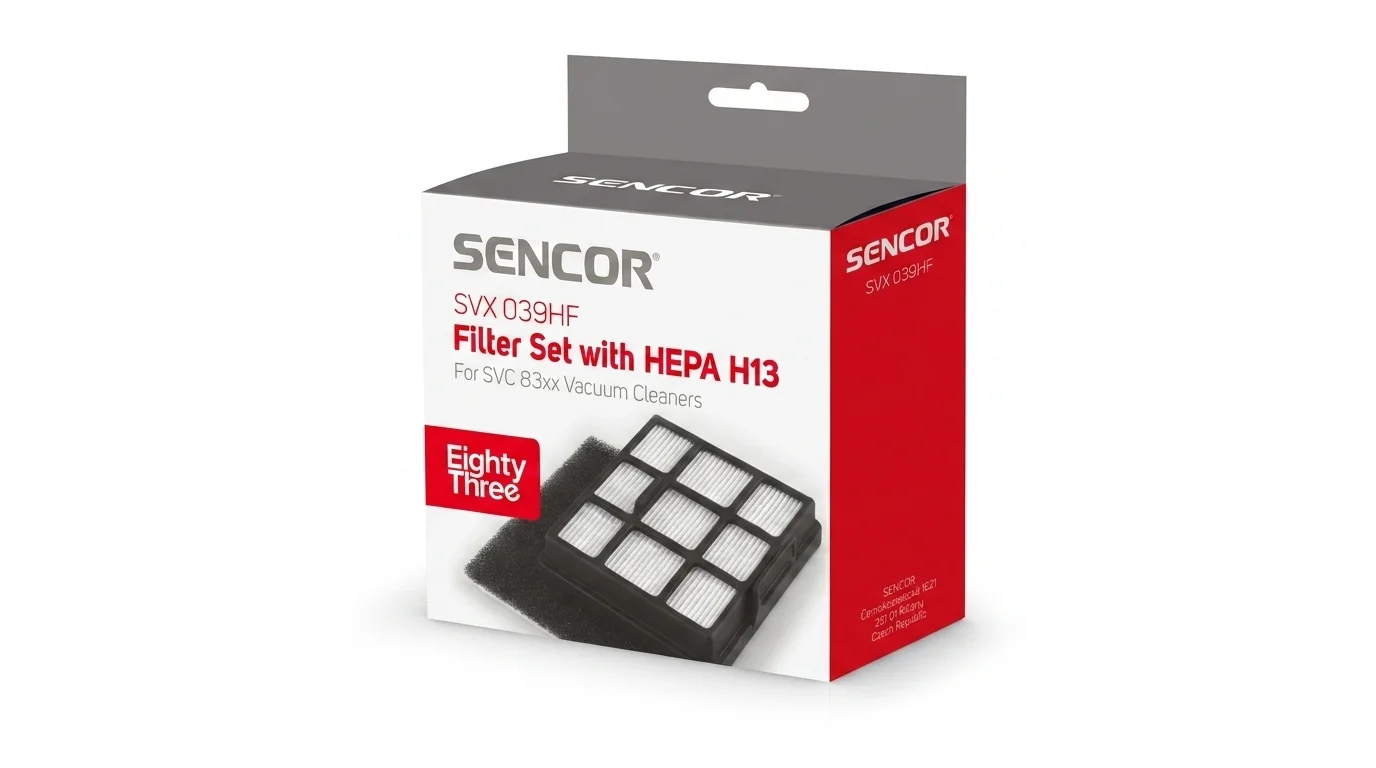 Balení náhradních filtrů Sencor SVX 039HF pro vysavače řady SVC 83x s vyobrazením HEPA filtru a pěnového mikrofiltru.