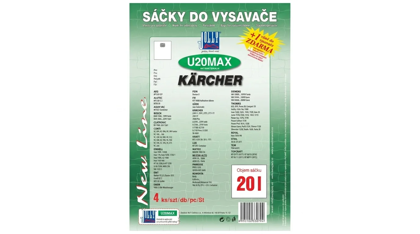 Zelené balenie vreciek do vysávača Jolly U20MAX s objemom 20 l, kompatibilných s vysávačmi Kärcher, s obsahom 4 kusov a vôňou zadarmo.