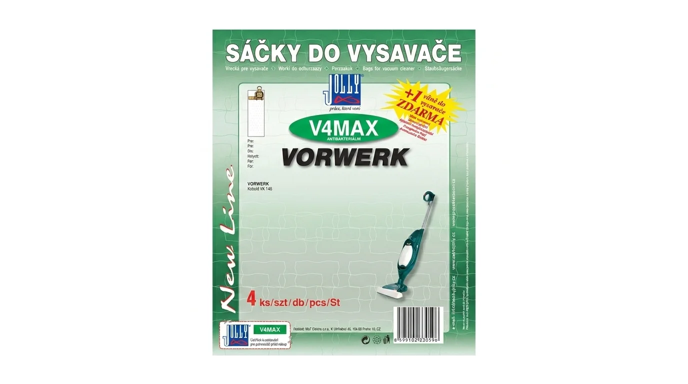 Zelené balení sáčků do vysavače Jolly V4MAX pro vysavače Vorwerk s informací o 4 kusech v balení a vůni zdarma.