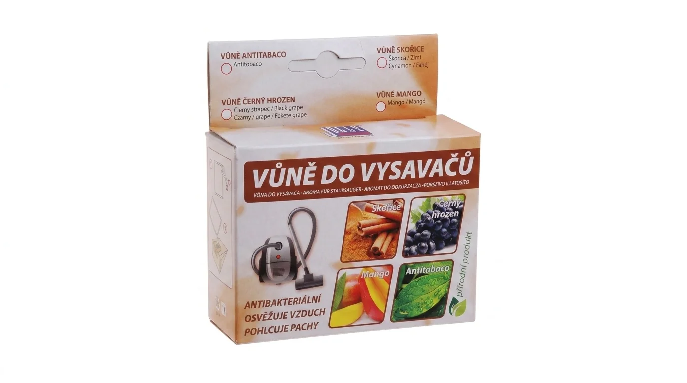 Papírová krabička vůně do vysavačů Jolly s nápisem Vůně do vysavačů a vyobrazením různých vůní včetně černého hroznu.
