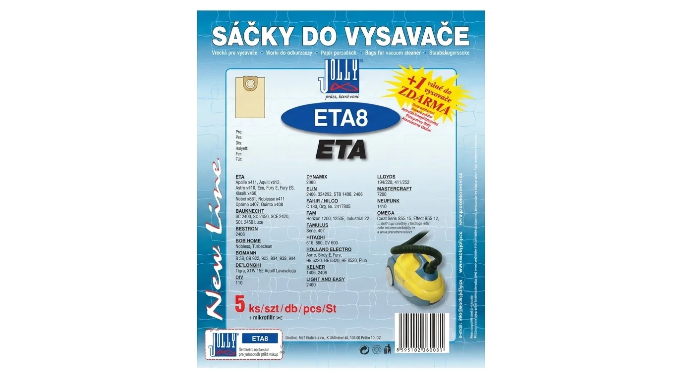 Modré balení sáčků do vysavače Jolly ETA8 s ilustrací žlutého vysavače a informací o obsahu pěti kusů.