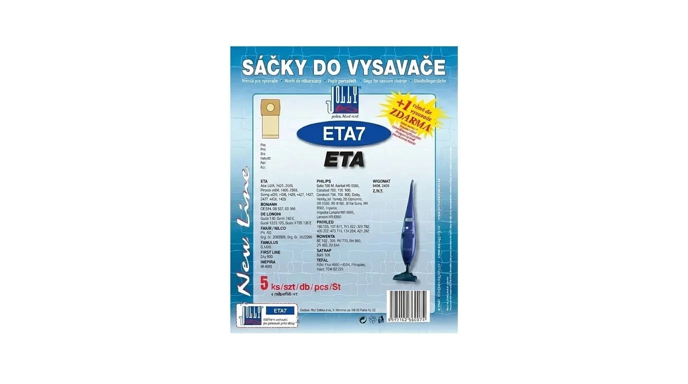 Modrobílé balení sáčků do vysavače Jolly ETA7 s nápisem Sáčky do vysavače a označením 5 ks.