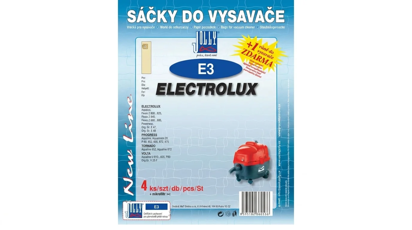 Modrobílé balení sáčků do vysavače Jolly E3 pro vysavače Electrolux se 4 kusy v balení a vůní zdarma.