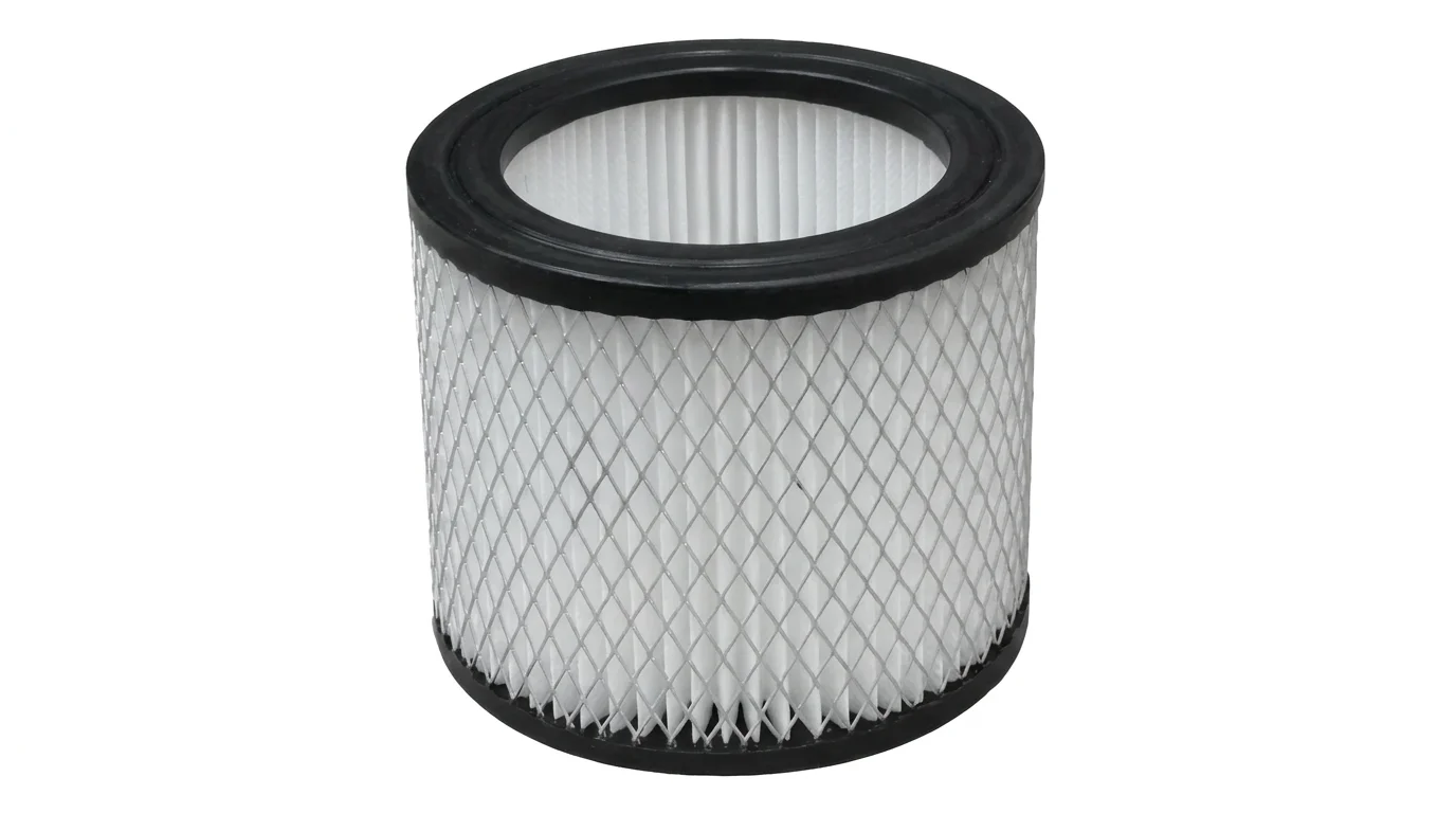 Náhradný HEPA filter FIELDMANN FDU 9001 valcového tvaru s bielym skladaným filtrom, kovovou mriežkou a čiernym tesnením.