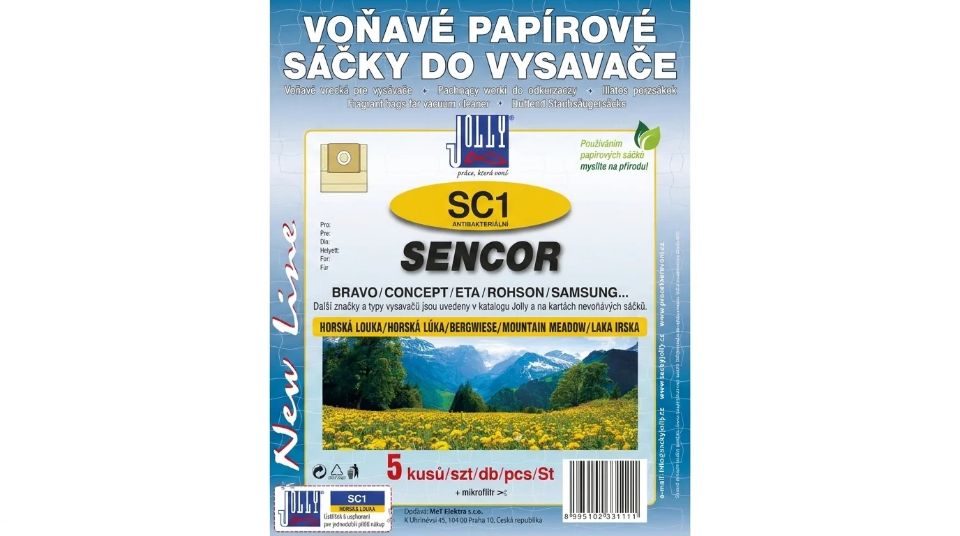 Balenie voňavých papierových vreciek do vysávača Jolly SC1 Horská lúka s vyobrazením rozkvitnutej lúky pod horami.