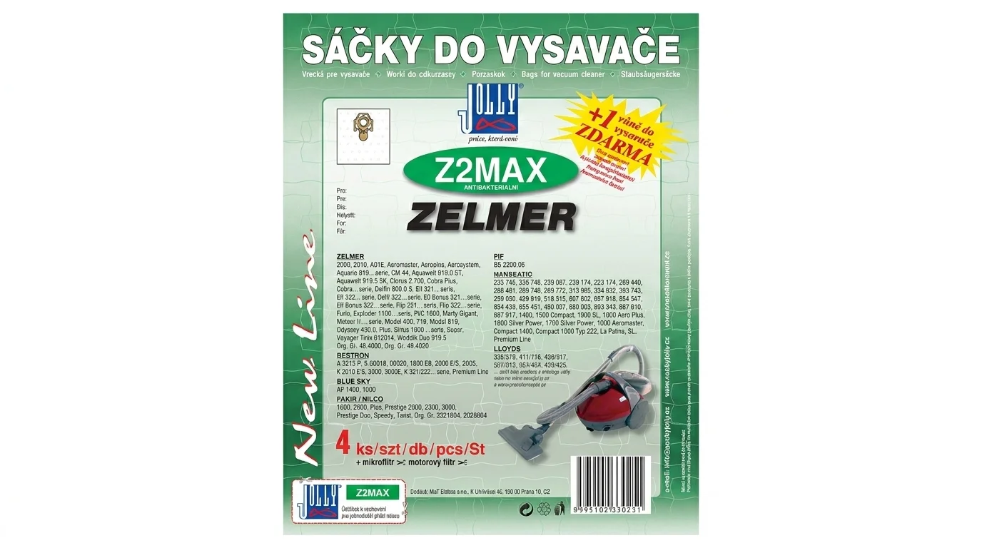 Zelené balenie vreciek do vysávača Jolly Z2MAX pre značku Zelmer s informáciou o obsahu 4 kusov, mikrofiltra, motorového filtra a vône zadarmo.