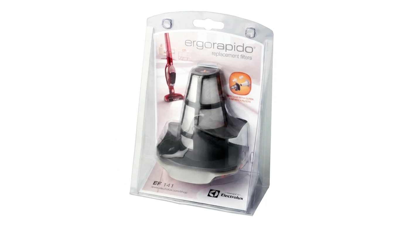 Sada náhradních filtrů Electrolux EF 141 pro vysavače Ergorapido v průhledném balení.