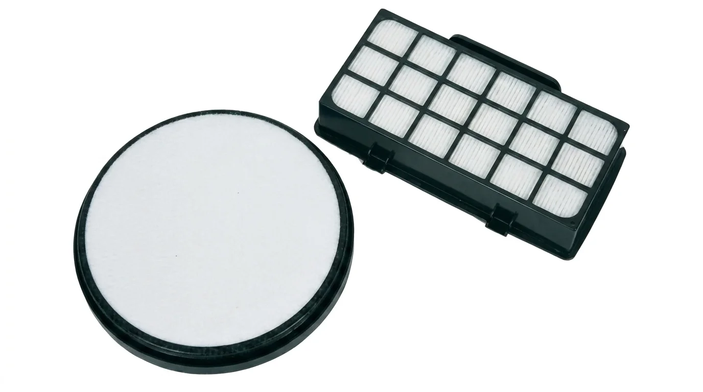 Sada filtrů Rowenta ZR006001 obsahující kulatý pěnový filtr a obdélníkový HEPA filtr s černým plastovým rámem.