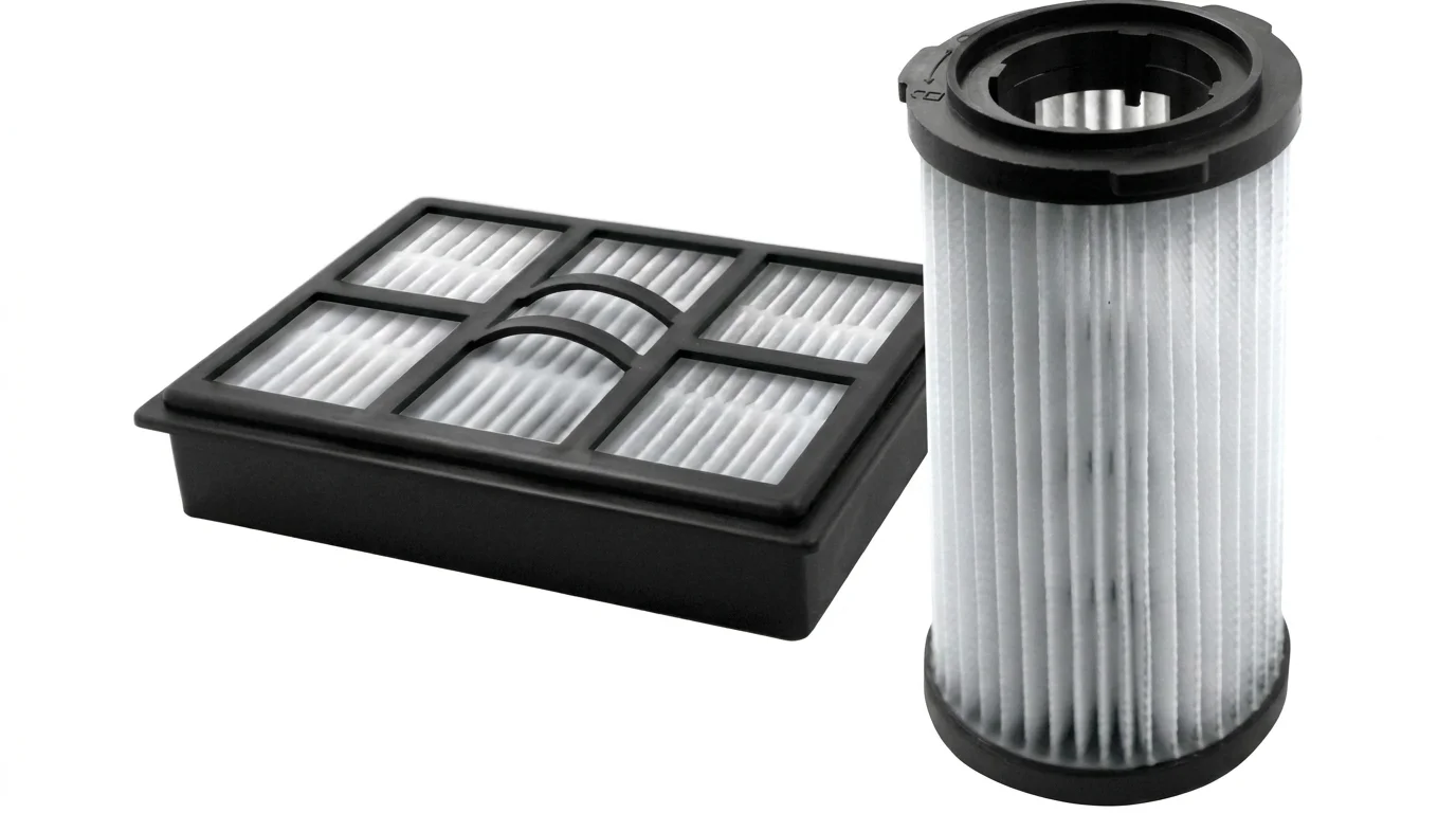Sada filtrů Sencor SVX 005HF obsahující jeden obdélníkový a jeden válcový HEPA filtr s černým plastovým rámem a bílým skládaným filtrem.