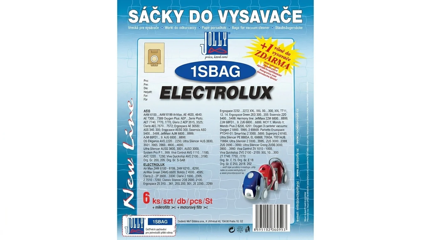 Balenie vreciek do vysávača Jolly 1SBAG pre vysávače Electrolux s označením šiestich kusov v balení a vôňou zadarmo.