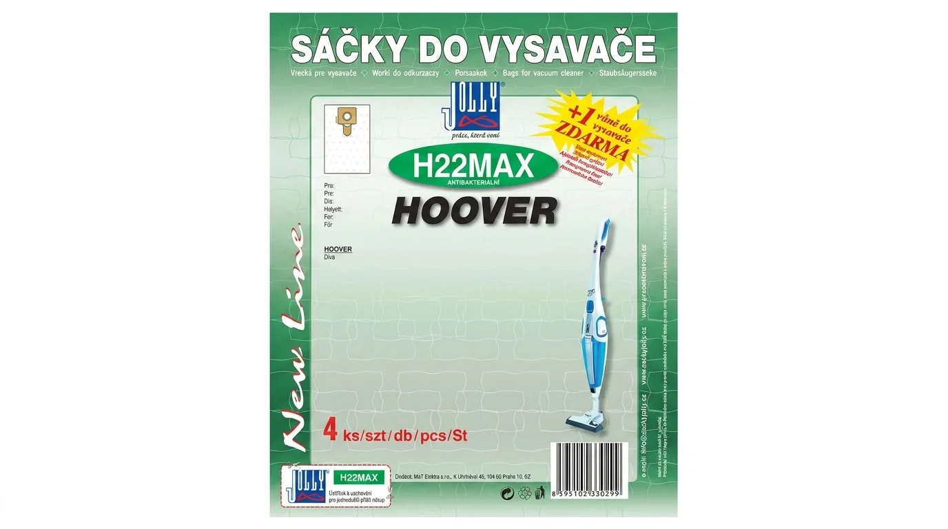 Zelené balení sáčků do vysavače Jolly H22MAX pro vysavače Hoover s informací o 4 kusech v balení a vůní zdarma.