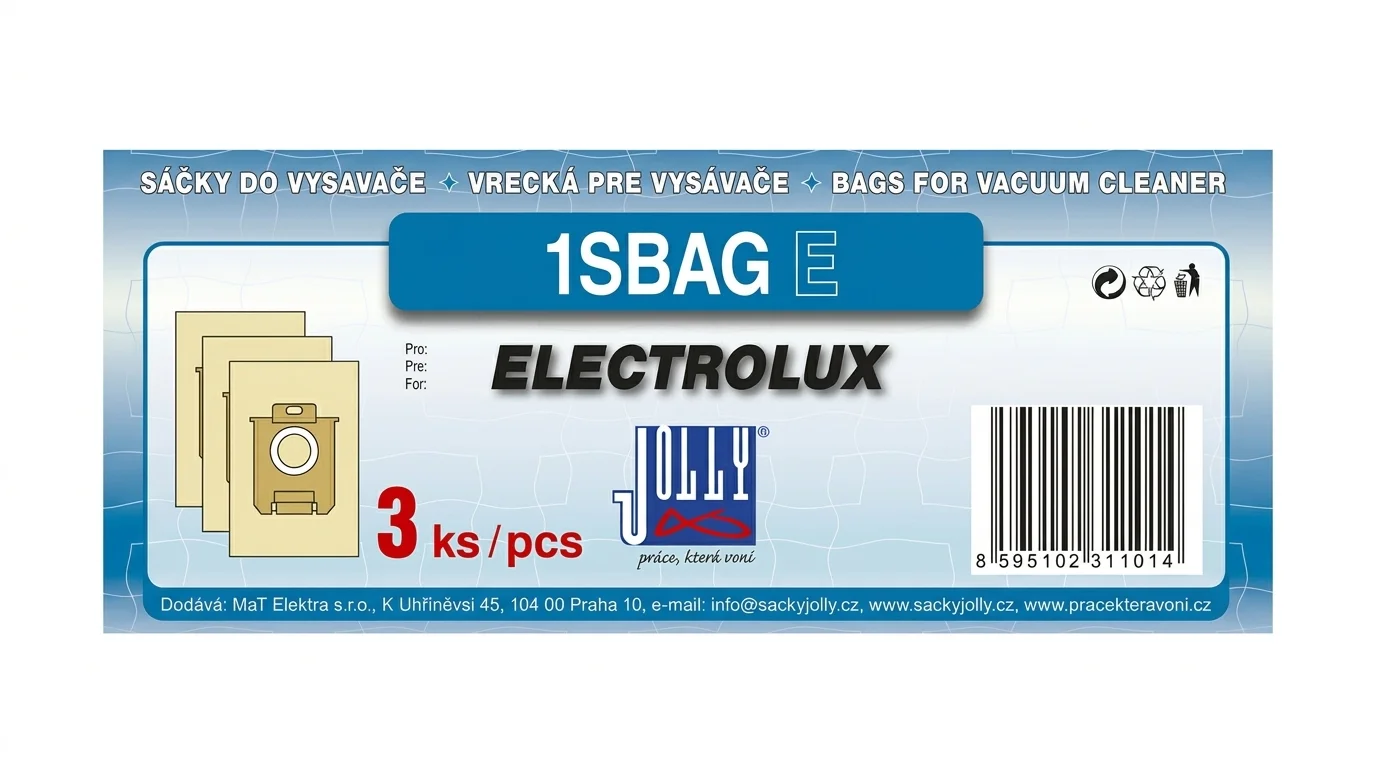 Modrobílý obal sáčků do vysavače Jolly 1SBAG E pro značku Electrolux s vyobrazením tří papírových sáčků a čárovým kódem.