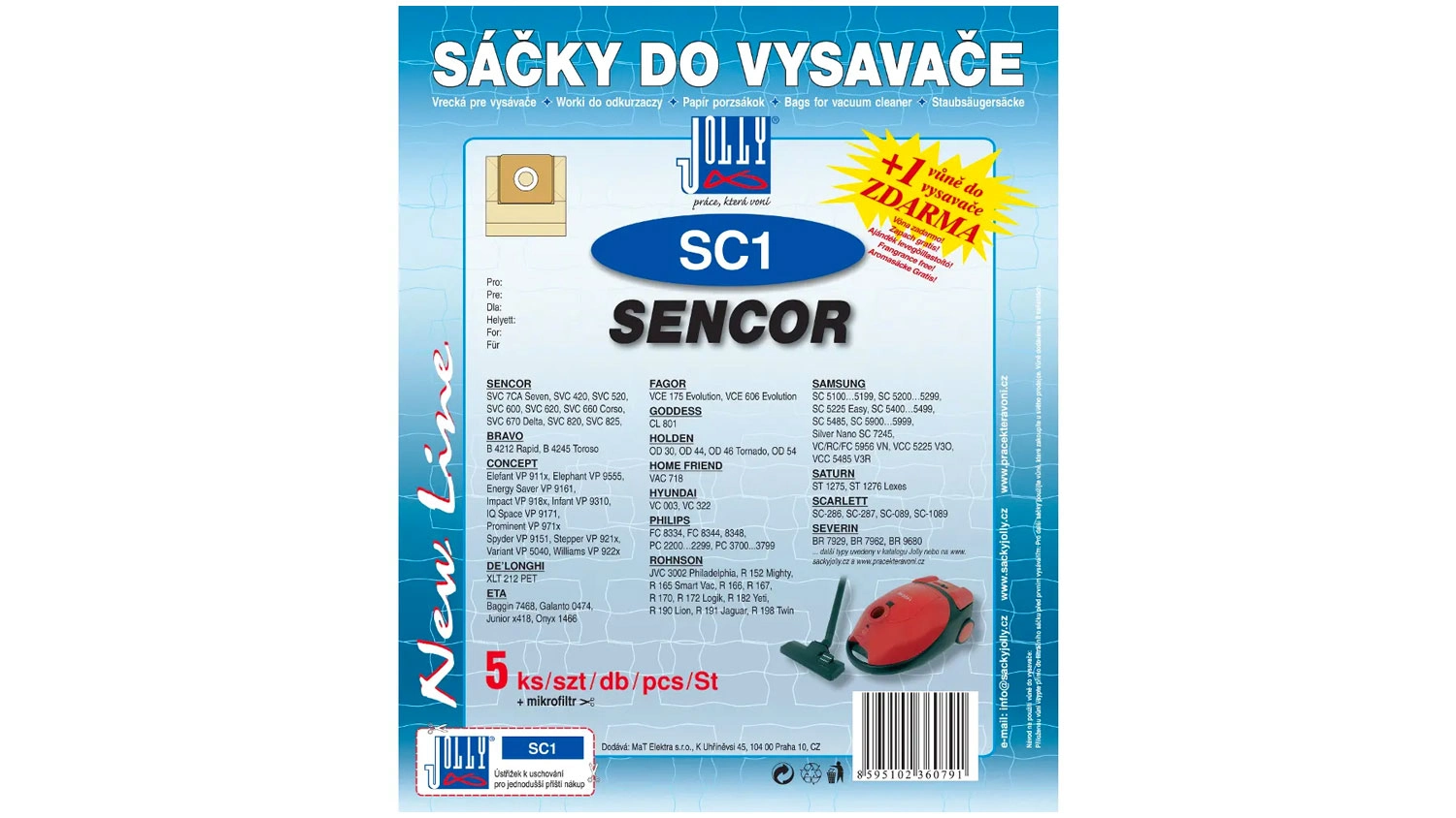 Modré balenie vreciek do vysávača Jolly SC1 Sencor s informáciami o kompatibilite, obsahujúce 5 kusov vreciek, mikrofilter a vôňu zadarmo.