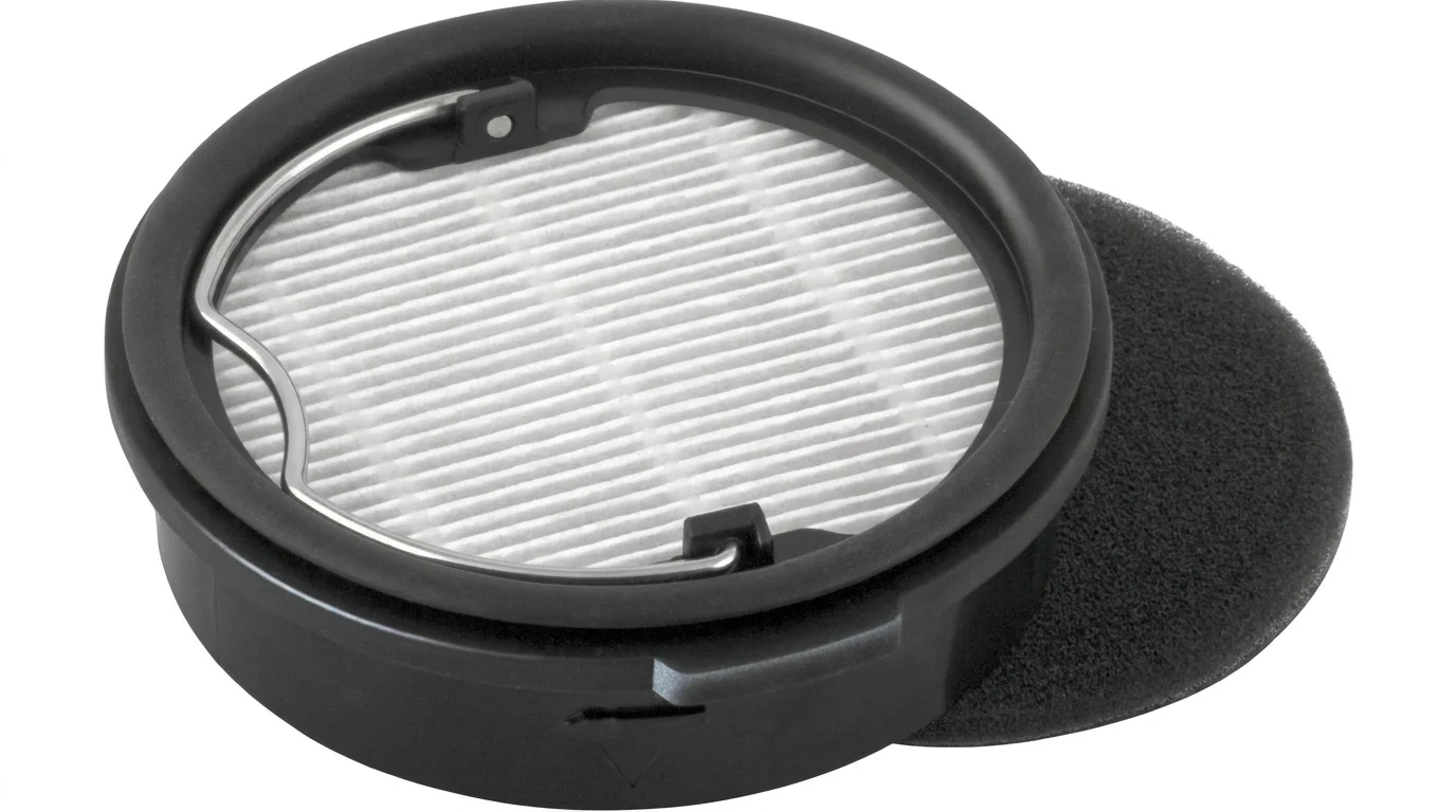 Sada filtrů Sencor SVX 048HF obsahující kulatý skládaný HEPA filtr v černém rámu s kovovým madlem a tmavý pěnový filtr.