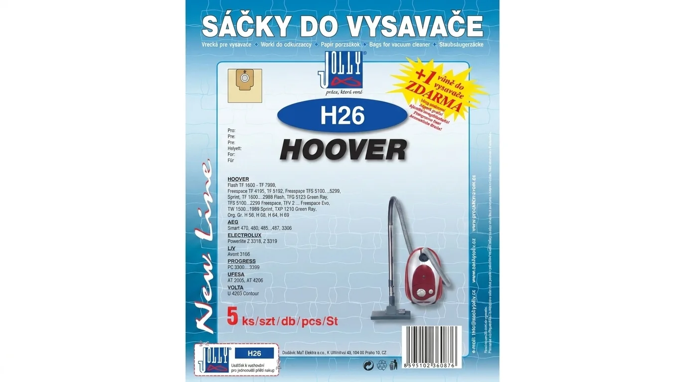 Balení papírových sáčků do vysavače Jolly H26 s označením Hoover, obsahující 5 kusů a vůni zdarma.