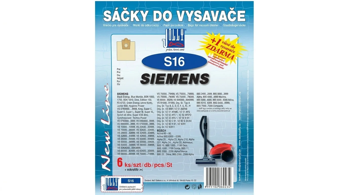 Modré balení sáčků do vysavače Jolly S16 pro vysavače Siemens s informací o obsahu 6 kusů, mikrofiltru a vůně zdarma.