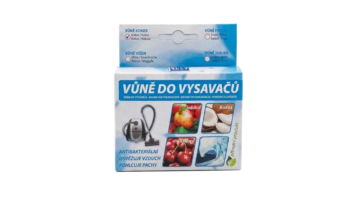 Balení vůně do vysavače Jolly Kokos v modrobílé krabičce s vyobrazením vysavače a kokosového ořechu.