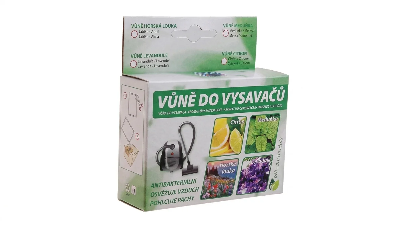 Zelenobílá krabička s vůní do vysavačů Jolly s označenou variantou Meduňka.