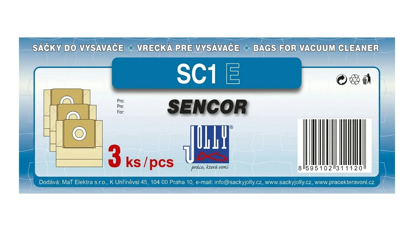 Modrá etiketa sáčků do vysavače Jolly SC1 E pro vysavače Sencor s vyobrazením tří sáčků a logem Jolly.