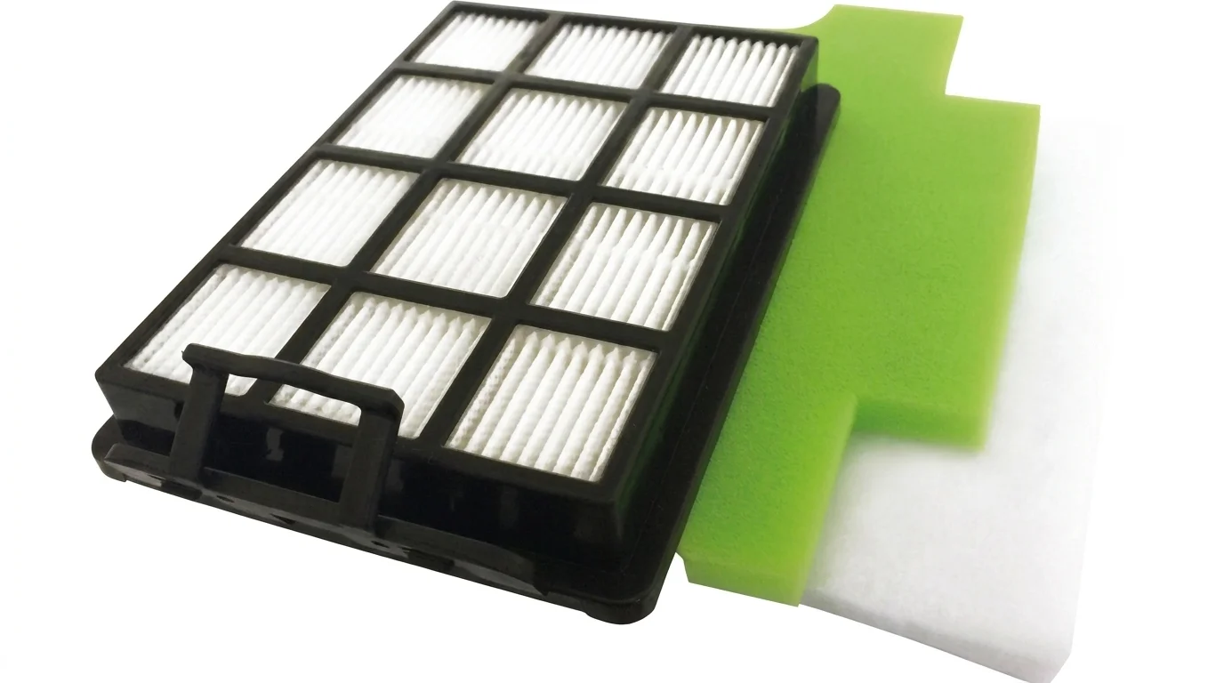 Sada náhradních filtrů Sencor SVX 022HF obsahující skládaný filtr v černém rámu, zelený pěnový filtr a bílý filtr.