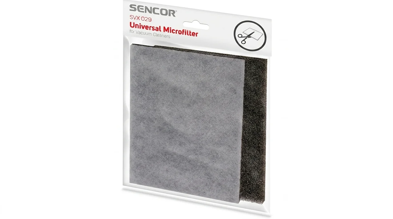 Náhradní univerzální mikrofiltr a pěnový filtr Sencor SVX 029 v průhledném balení.
