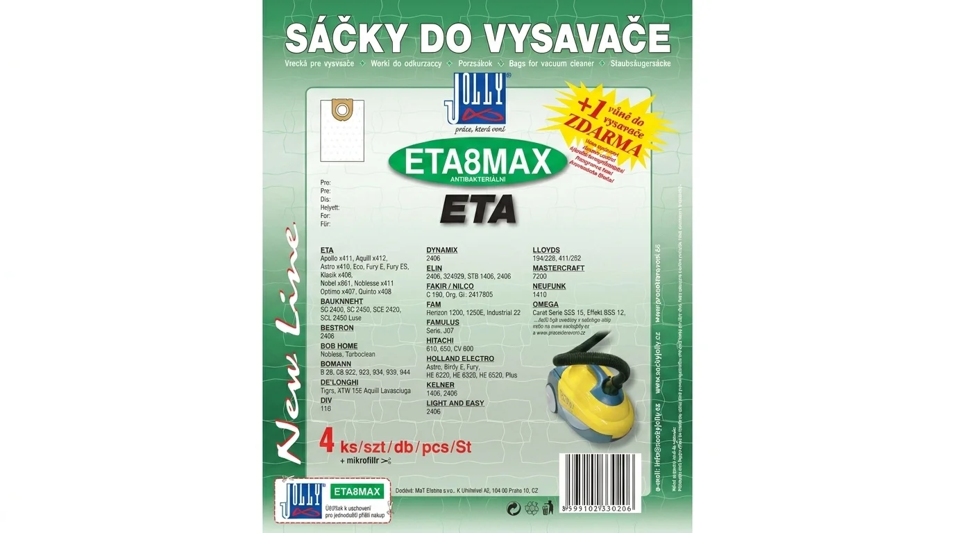 Zelené balení sáčků do vysavače Jolly ETA 8 MAX se seznamem kompatibilních značek, logem a informací o vůni zdarma.