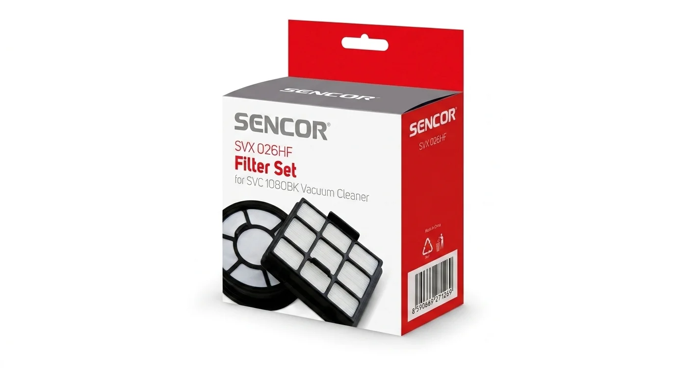 Originální balení sady filtrů Sencor SVX 026HF pro vysavač SVC 1080BK s vyobrazením dvou filtrů.