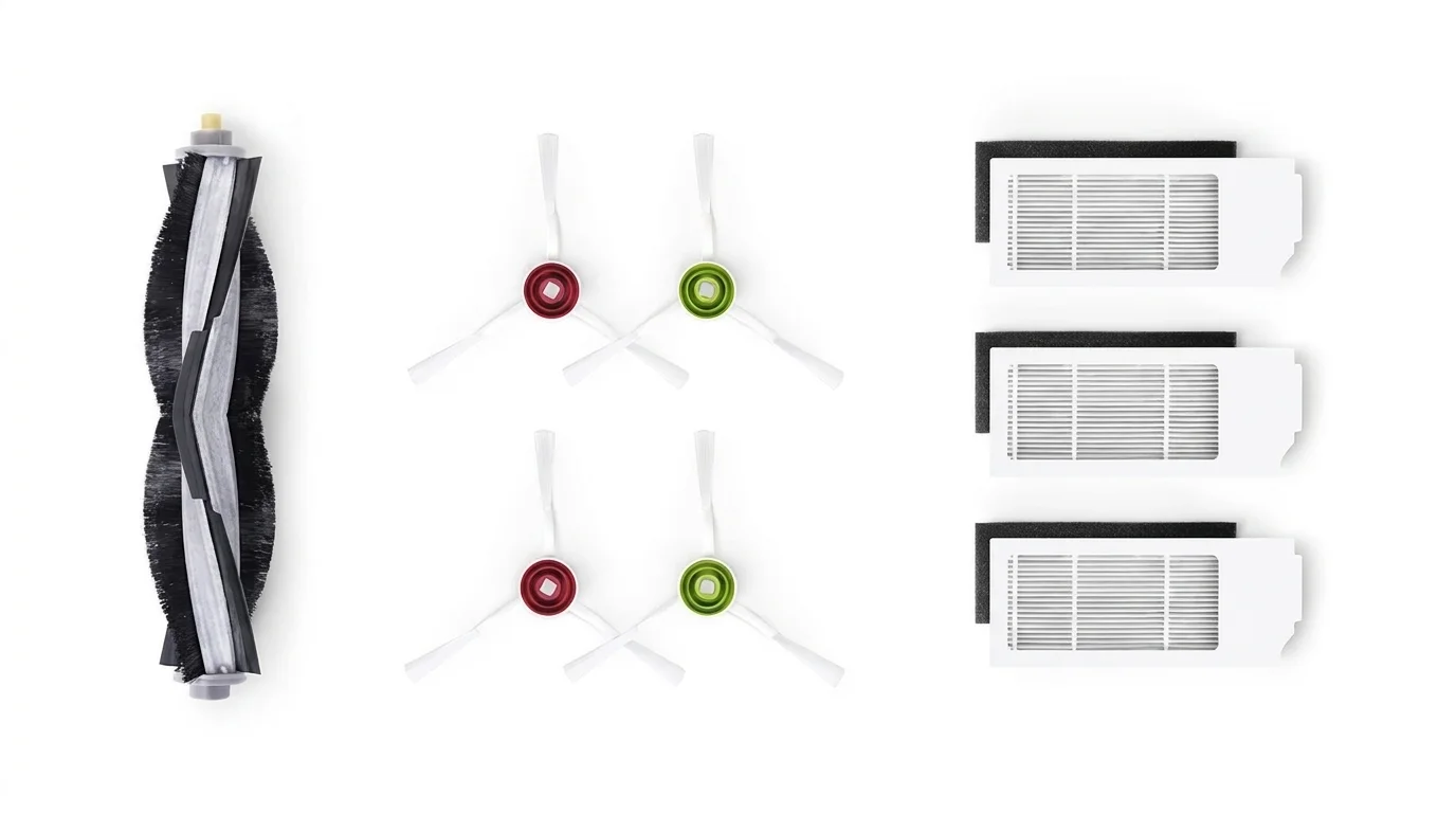 Náhradní sada ECOVACS D-KT01-0022 s jedním hlavním kartáčem, čtyřmi bílými bočními kartáčky a třemi omyvatelnými filtry.