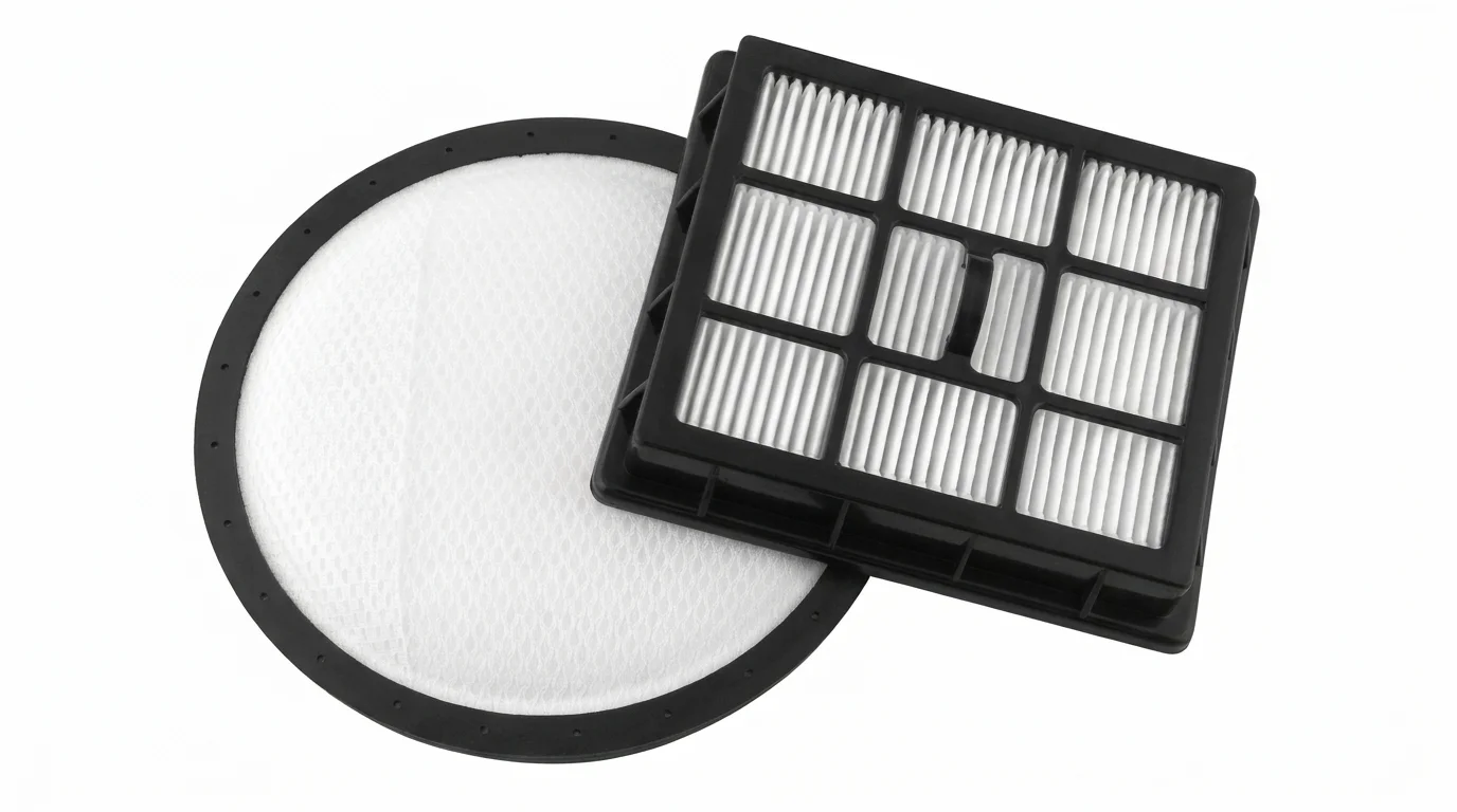 Súprava filtrov Sencor SVX 021HF obsahujúca okrúhly mikrofilter s čiernym okrajom a obdĺžnikový skladaný HEPA filter v čiernom ráme.