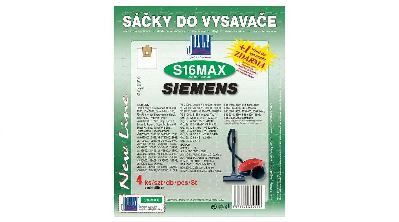 Zelenobílé balení sáčků do vysavače Jolly S16MAX pro vysavače Siemens a Bosch, obsahující 4 kusy sáčků, mikrofiltr a vůni zdarma.