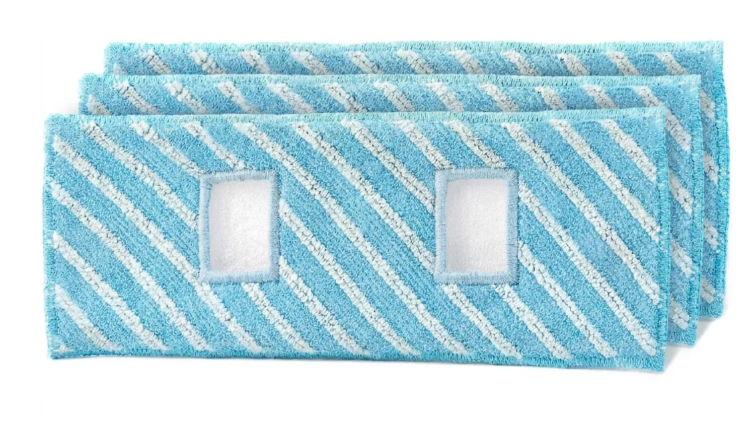 Sada tří modro-bílých pruhovaných mopovacích textilií Sencor SVX 057 z mikrovlákna se dvěma obdélníkovými otvory.