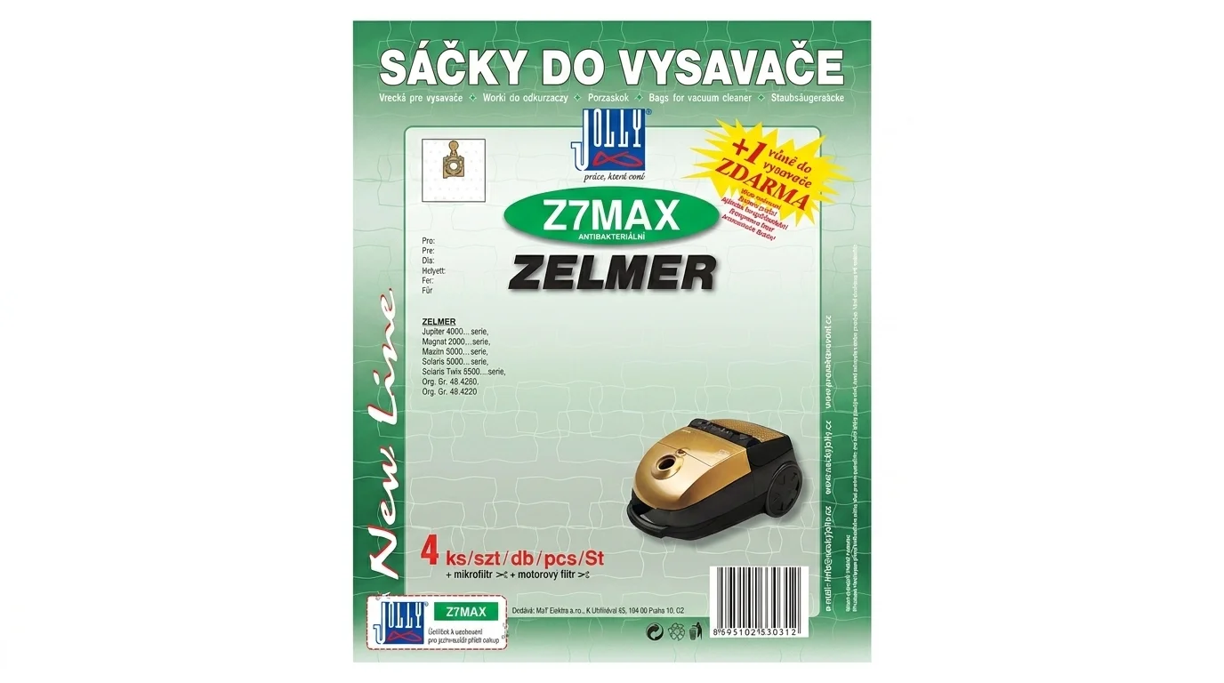 Zelené balení sáčků do vysavače Jolly Z7MAX pro vysavače Zelmer se 4 kusy sáčků, mikrofiltrem a motorovým filtrem.