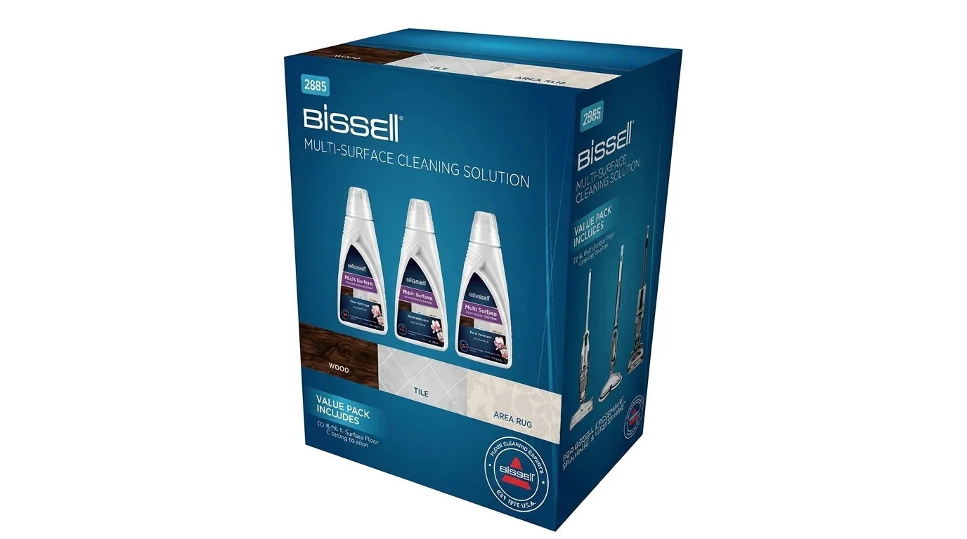 Modrá krabice výhodného balení tří čisticích prostředků Bissell Multi-Surface Cleaning Solution pro různé typy podlah.