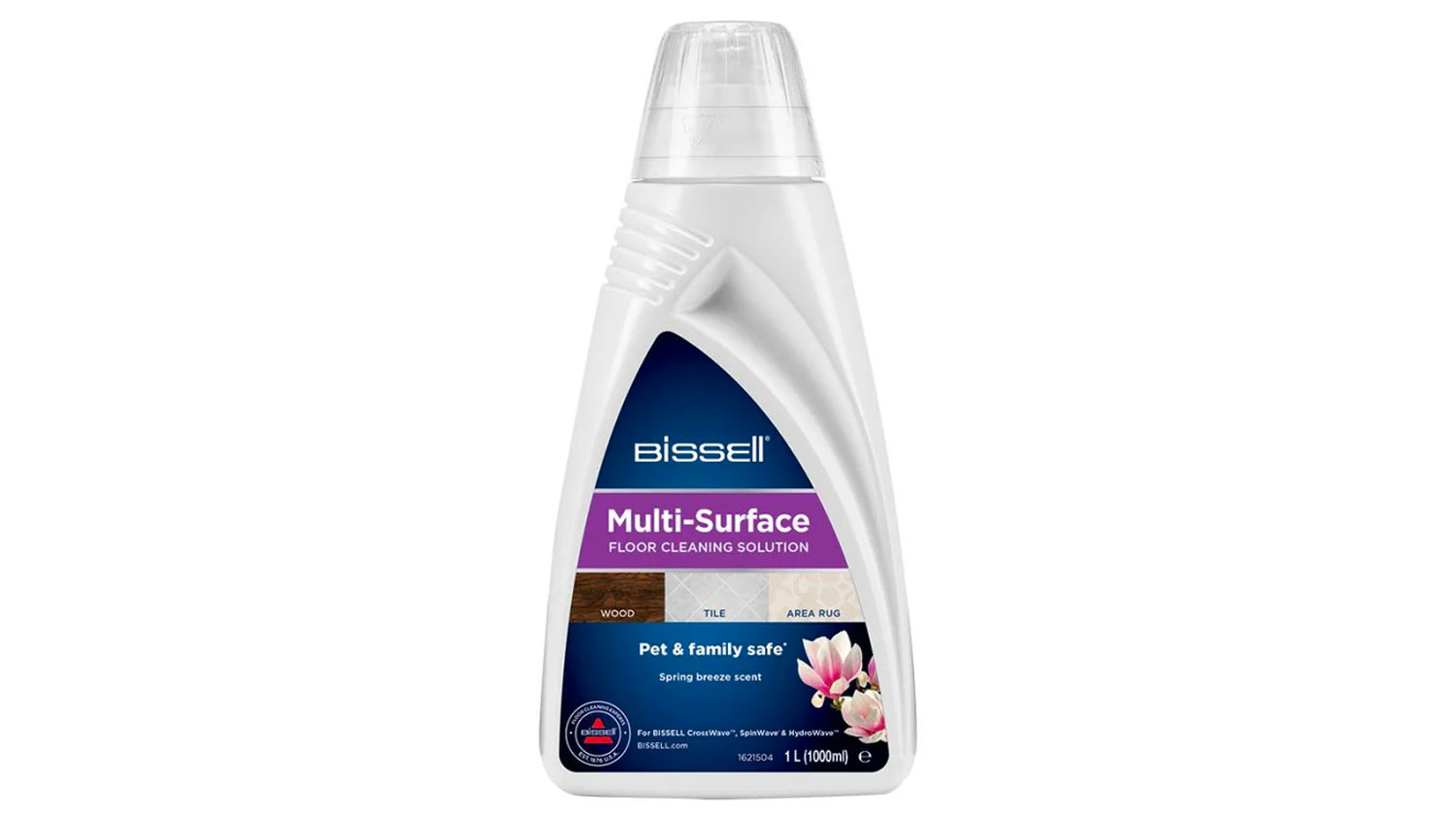 Bílá láhev čisticího přípravku Bissell Multi-Surface o objemu 1 litr s průhledným uzávěrem.