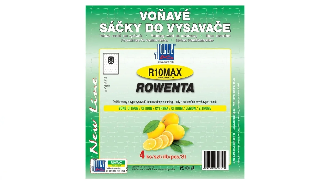 Balenie vreciek do vysávača Jolly R10MAX pre vysávače Rowenta s citrónovou vôňou a vyobrazením citrónov.