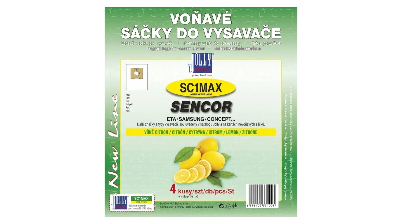 Zelené balenie voňavých vreciek do vysávača Jolly SC1MAX s citrónovou vôňou a ilustráciou citrónov.