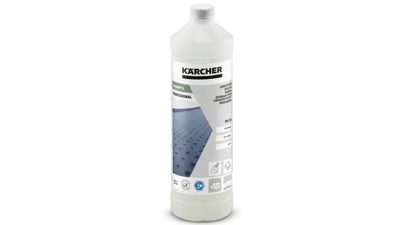 Bílá plastová láhev s profesionálním čističem koberců Kärcher CarpetPro RM 76.