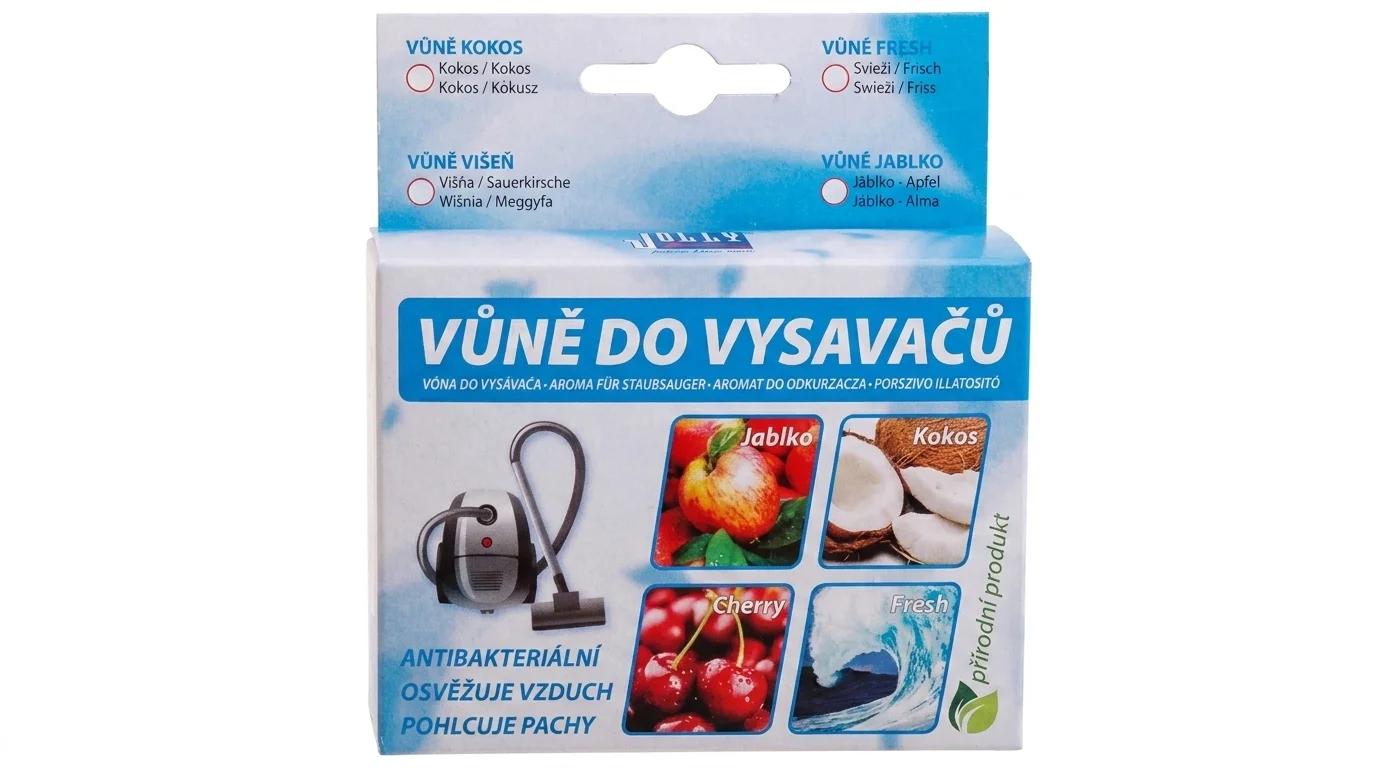Modrobílá krabička vůně do vysavačů Jolly s nápisem Vůně do vysavačů a ilustracemi jablka, kokosu, třešní a svěží vlny.