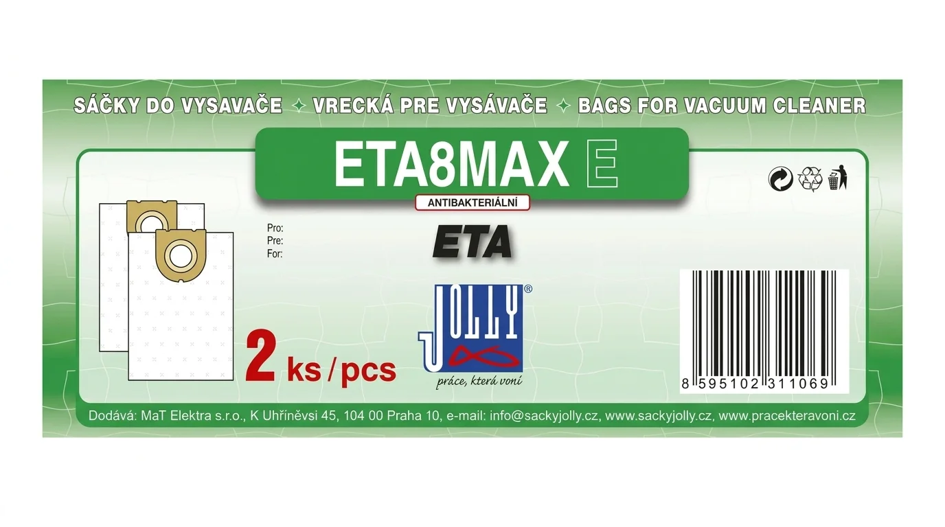 Zelený obal sáčků do vysavače Jolly ETA8MAX E pro značku ETA s vyobrazením dvou sáčků a označením 2 ks.