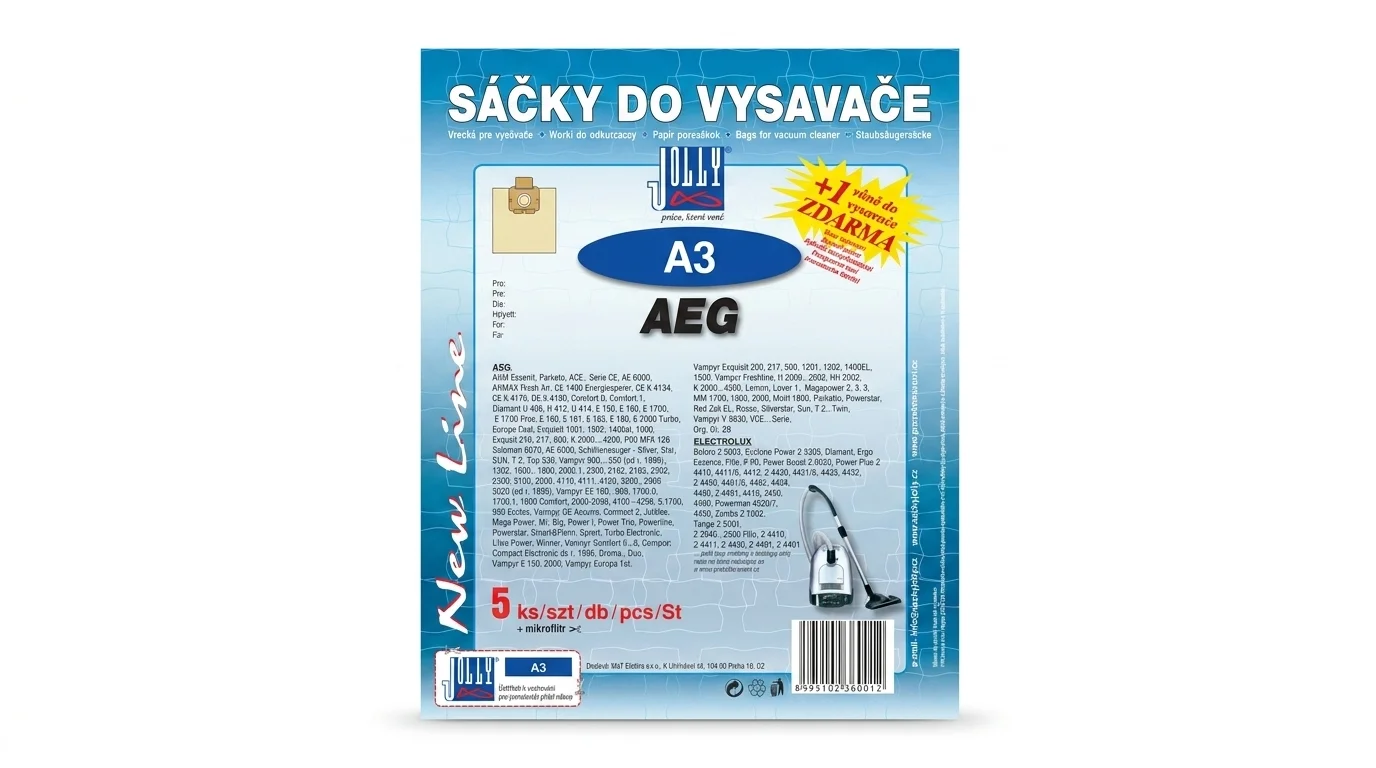 Modré balení sáčků do vysavače Jolly A3 pro vysavače AEG s informací o pěti kusech v balení a vůní zdarma.