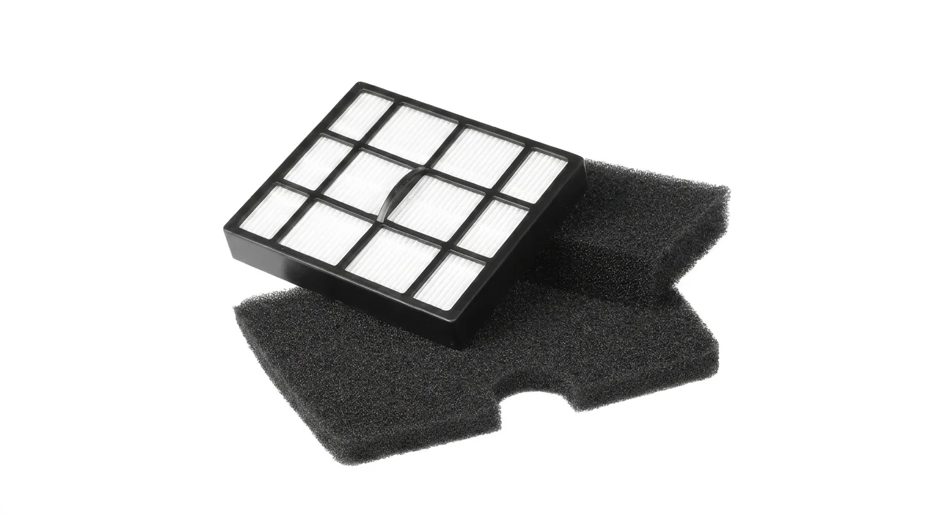 Sada filtrov Sencor SVX 016HF obsahujúca jeden štvorcový HEPA filter v čiernom ráme a dva čierne penové mikrofiltre.
