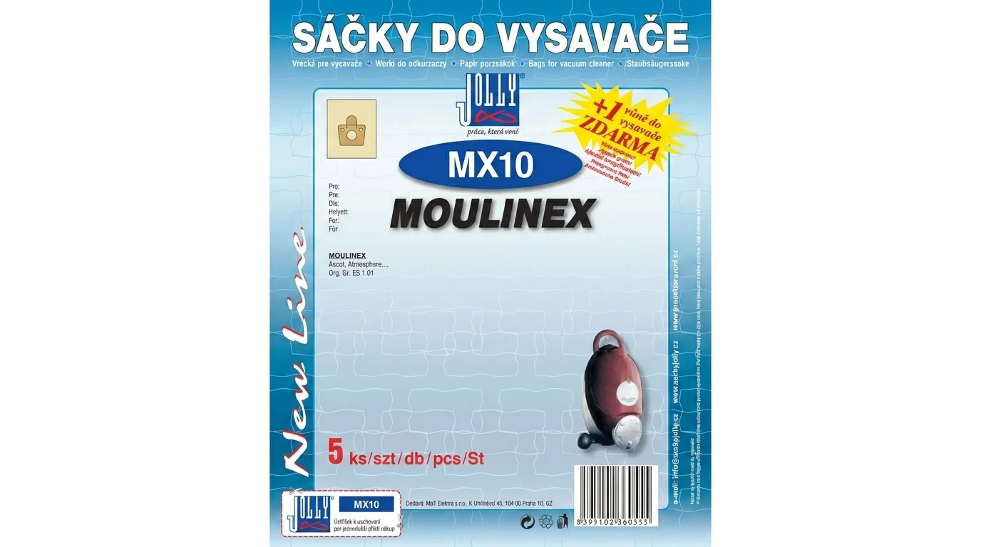 Balení sáčků do vysavače Jolly MX10 pro vysavače Moulinex s informací o pěti kusech v balení a vůni zdarma.