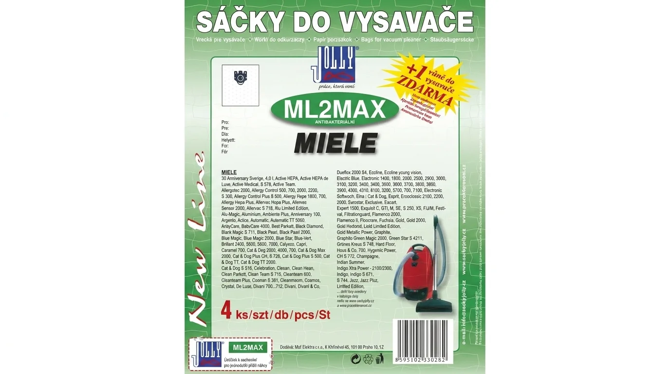 Balenie vreciek do vysávača Jolly ML2MAX kompatibilných s vysávačmi Miele so 4 kusmi v balení a vôňou zadarmo.