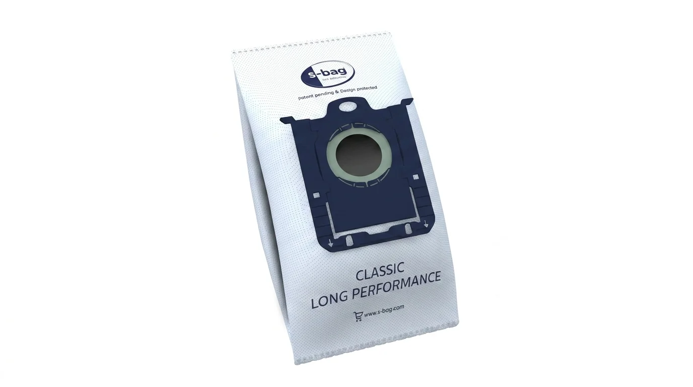 Syntetický sáček do vysavače Electrolux s-bag Classic Long Performance s tmavě modrým úchytem na bílém pozadí.