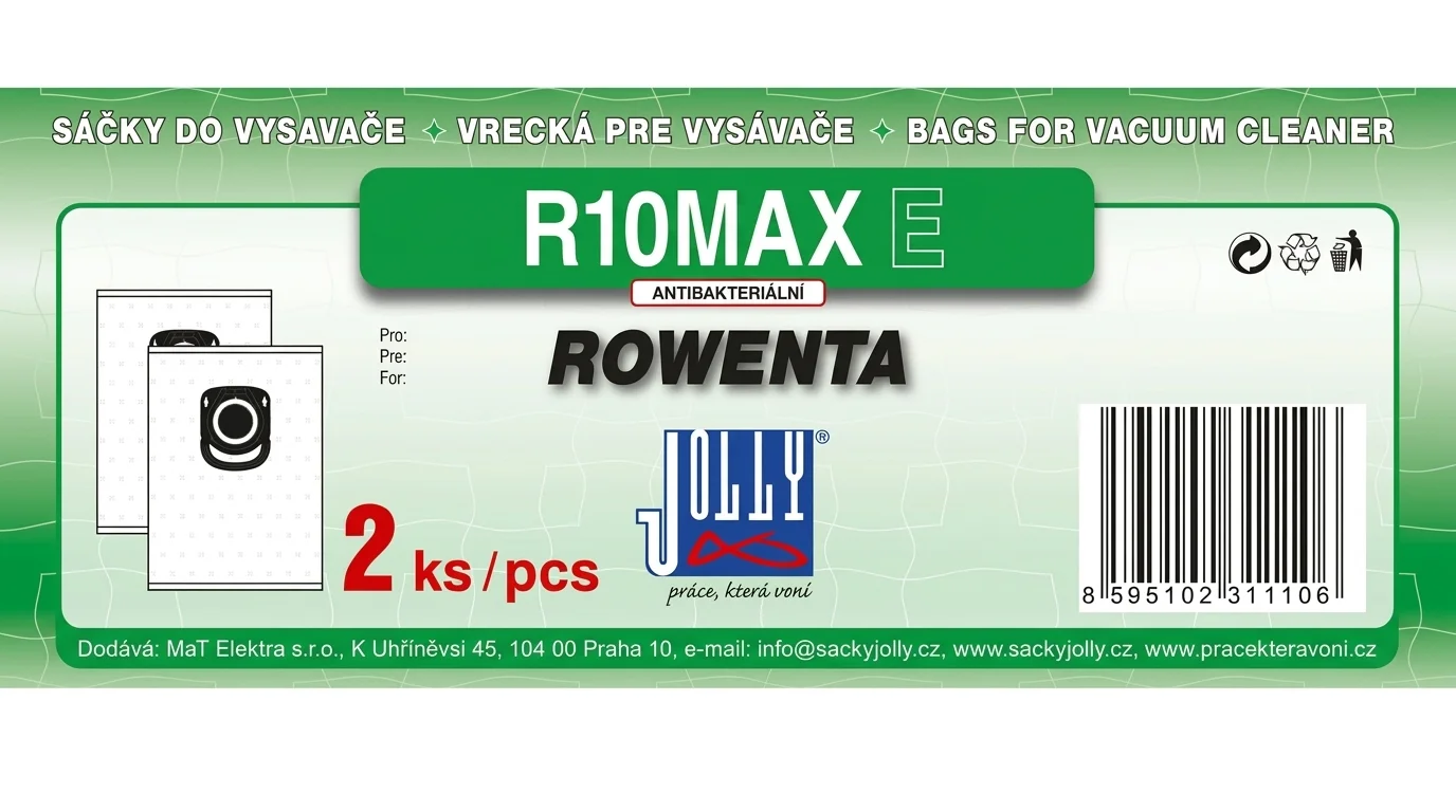 Zelené balení antibakteriálních sáčků do vysavače Jolly R10MAX E pro vysavače Rowenta se 2 kusy v balení.