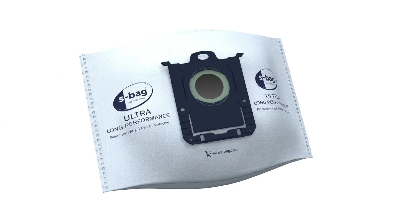 Biele syntetické vrecko do vysávača Electrolux s-bag Ultra Long Performance s tmavomodrým plastovým uzáverom.