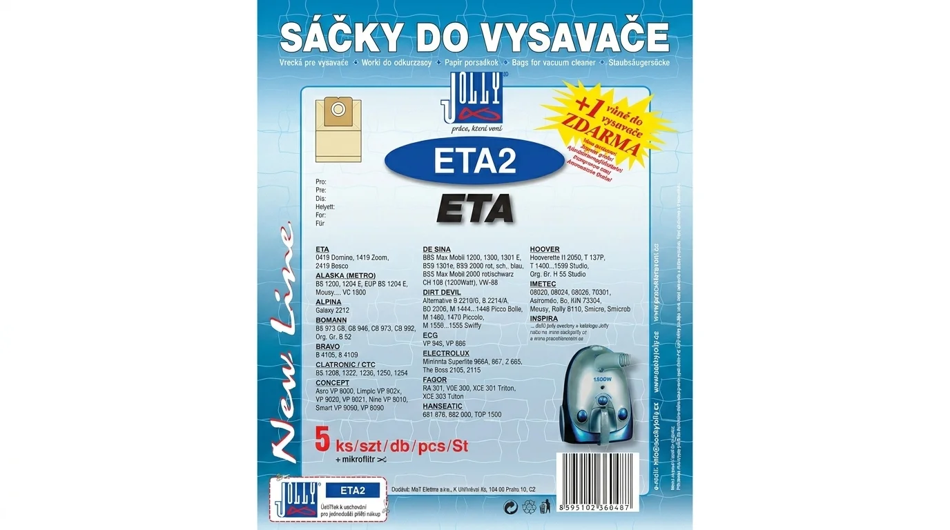 Modré balenie vreciek do vysávača Jolly ETA2 s informáciami o kompatibilite a označením piatich kusov v balení.