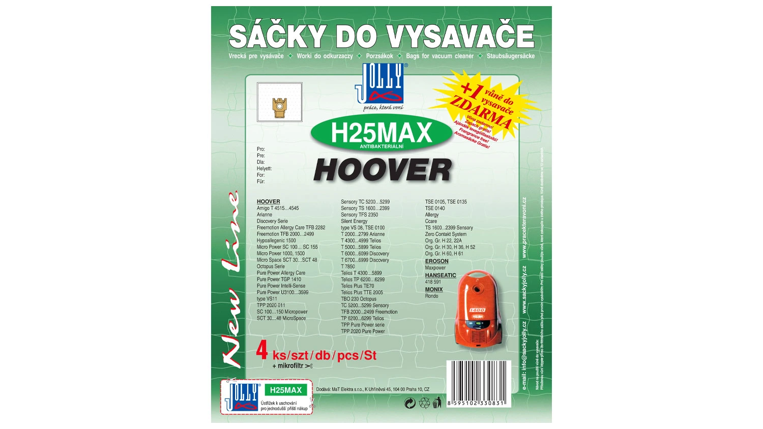 Zelené balenie vreciek do vysávača Jolly H25 MAX pre vysávače Hoover s podrobným zoznamom kompatibilných modelov.