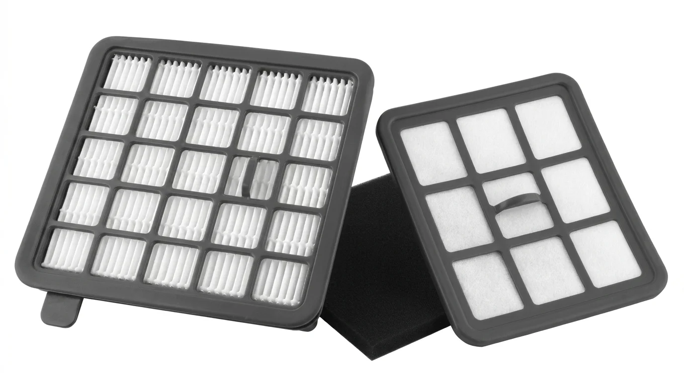 Sada náhradních filtrů Sencor SVX 017HF pro vysavače SVC 61X obsahující HEPA filtr, mikrofiltr a černý pěnový filtr.