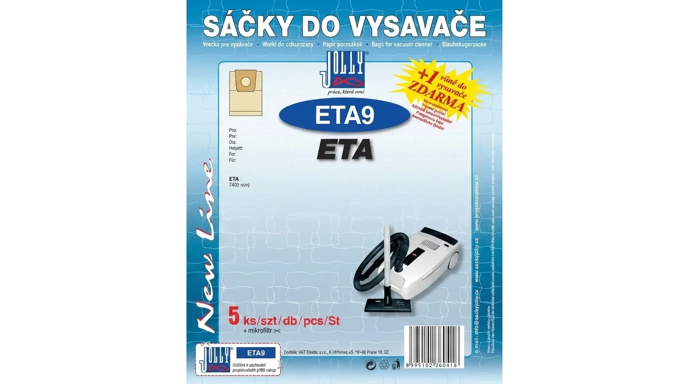 Modré balení sáčků do vysavače Jolly ETA9 pro vysavače ETA 7400 nový, které obsahuje 5 kusů sáčků a vůni zdarma.